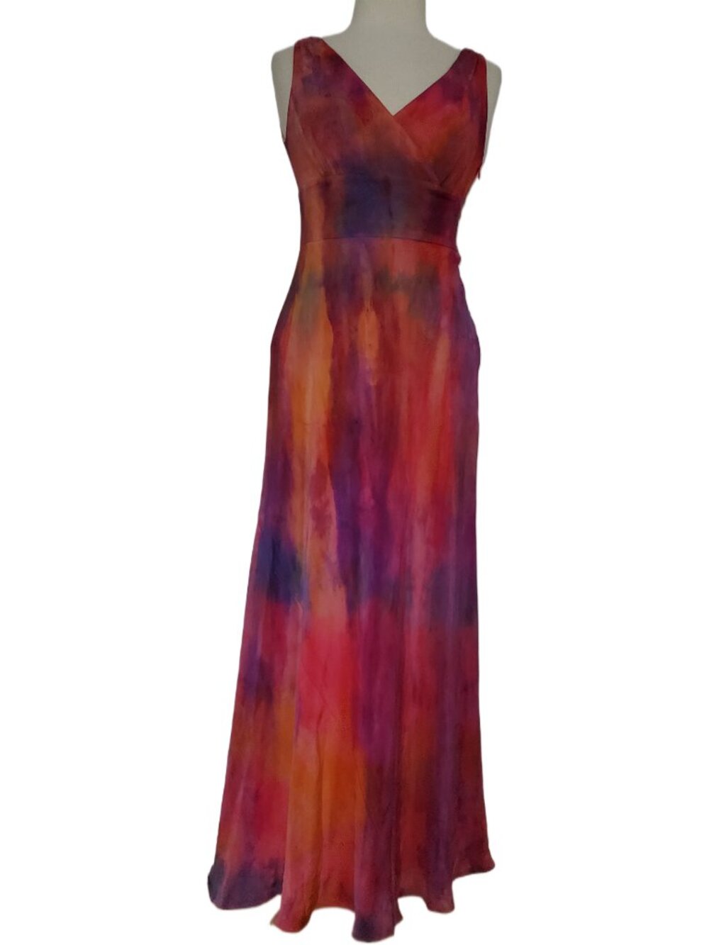 Silk painted maxi dress red black orange yellow rainbow blue purple small 2 4 6